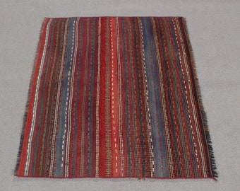 Kilim vintage, Kilim piccolo, Kilim turco, Kilim anatolico a strisce, Tappeti per il bagno, Kilim rosso Oushak, Kilim Boho, Kilim zerbino,