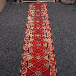 Türkischer Vintage Läufer Teppich 70x400, Rot Grauer Ombré Wollteppich