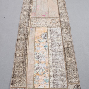 Alfombra vintage de 2,6 x 7,6 pies, alfombra turca tipo pasillo, alfombra de patchwork marrón.