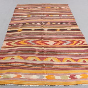 Turkish Kilim, Vintage Kilim, Geometric Aztec Kilim, Antique Kilim, Rugs For Bedroom, 4.7x7.7 ft Yellow Kilim, Oushak Kilim With Fringe,