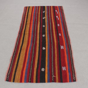 Vintage Kilim, Turkish Kilim, Small Kilim, Decorative Oushak Kilim, Rugs For Bathroom, Striped Orange Kilim, Turkey Kilim, Entry Kilim,