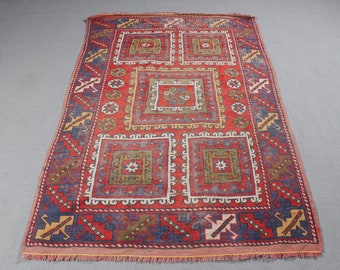 Vintage Rug, Turkish Rug, Area Rugs, Antique Rug, Rugs For Area, 4.1x6.4 ft Red Rug, Floor Rugs, Boho Area Rug,