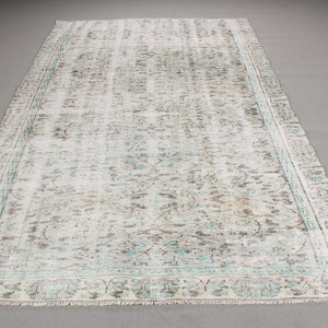Vintage Rug, Turkish Rug, Large Rug, Faded Oushak Rugs, Rugs For Bedroom, 5.5x8.8 ft Green Rug, Anatolian Rug, Large Wool Rug,