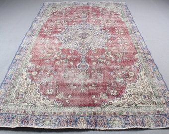 Large Rug, Turkish Rug, Vintage Rug, Antique Rugs, Rugs For Salon, 5.8x9.5 ft Red Rug, Bedroom Rugs, Large Oushak Rug,