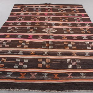 Large Kilim, Vintage Kilim, Embroidered Turkish Kilim, Anatolian Kilim, Rugs For Dining Room, 6.4x9 ft Brown Kilim, Hand-Knotted Wool Rug,