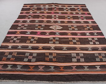Turks vloerkleed, groot vintage vloerkleed 6,4 x 9 ft, bruinoranje wollen patchwork vloerkleed