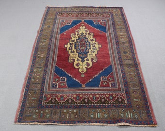 トルコ絨毯、エリアラグ、4 x 5 フィート、レッドラグ、ビンテージラグ