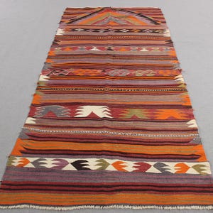 Area Kilim, Turkish Kilim, Vintage Kilim, Geometric Oushak Kilim, Rugs For Living Room, 3.8x8.3 ft Red Kilim, Modern Minimalist Wool Rug,