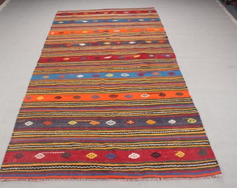 Turkish Kilim, Striped Kilim, Large Kilim, Vintage Kilim, Rugs For Dining Room, Patterned Orange Anatolian Kilim, Living Room Kilim,