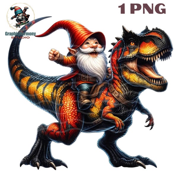 Adventurous Gnome Riding T-Rex Clipart PNG - Dinosaur Gnome Digital Download for Crafting, Kids Decor, and Unique Gifts