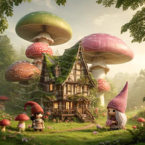 Magical Gnome Village Clipart PNG - Storybook Mushroom House with Gnomes, Digital Download for DIY Projects, Scrapbooking & Decor