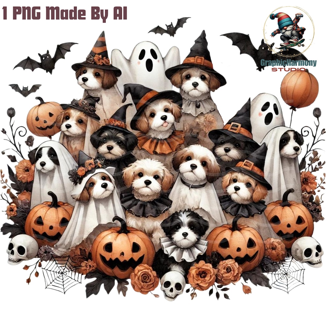 Cute Ghost Dogs Halloween PNG, Spooky Dogs With Pumpkins Clipart ...