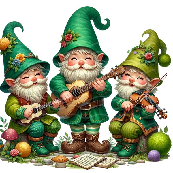 Musical Gnomes Clipart PNG - Trio of Gnomes Playing Instruments, Digital Download for Party Decor, Scrapbooking & Invitations