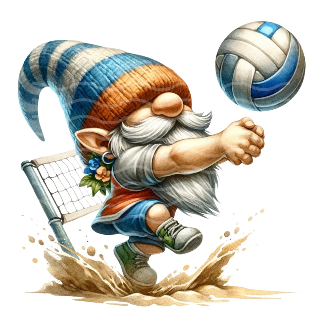 Dynamic Volleyball Gnome Clipart Digital Download, Beach Volleyball Gnome PNG, Energetic Gnome