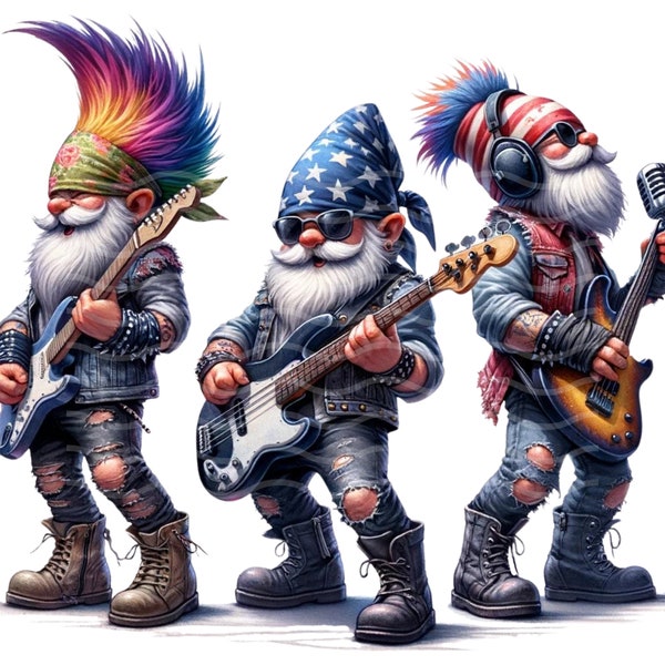 Punk Rock Gnome Band Clipart - Digital Art of Gnome Musicians - Printable Rock and Roll Gnome PNG - Edgy Music Decor - Instant Download