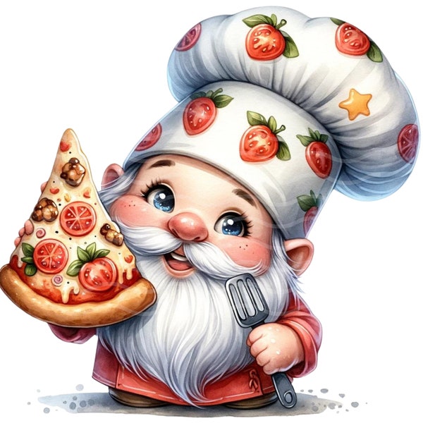 Culinary Gnome Digital Clipart - Gourmet Pizza Chef Gnome PNG, Printable Foodie Art, Instant Download, Invitation & Menu Design