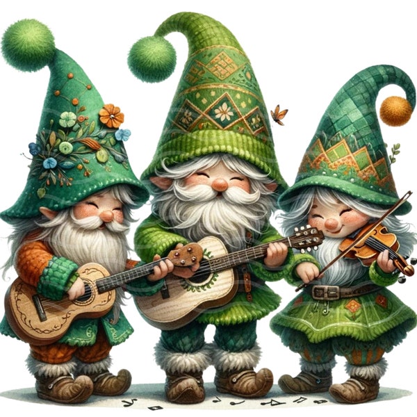 Folk Music Gnomes Clipart PNG - Trio of Musical Gnomes Playing Instruments, Digital Download for Crafting, Decor & Invitations