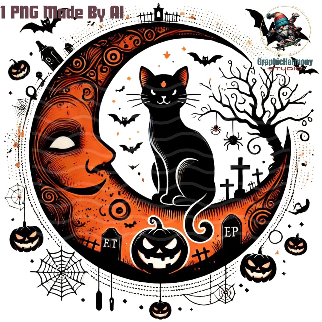 Halloween Black Cat on Crescent Moon PNG Spooky Night Digital Download