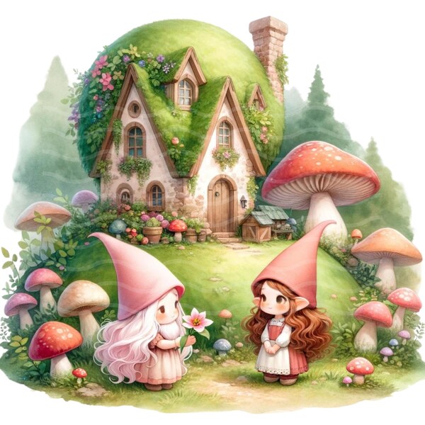 Whimsical Gnome Home Clipart PNG - Fairy Tale Gnome Sisters, Digital Download for Scrapbooking, Home Decor, and Crafts