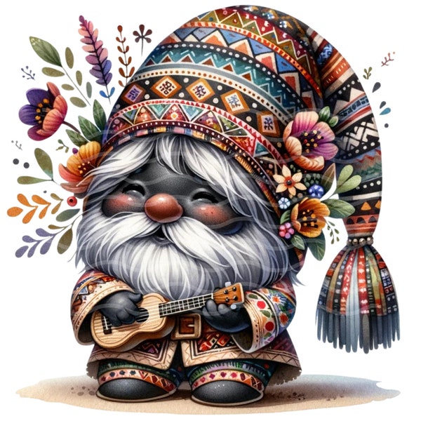 Bohemian Ukulele Gnome Digital Clipart - Folk Art Gnome PNG, Instant Download for Crafts, Scrapbooking, and Deco