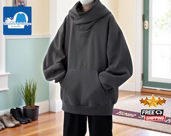 Oversized High Collar Hoodie | Cozy Autumn Turtleneck Streetwear | Vintage Y2K Fleece Sweatshirt | Fall Fashion Hip-Hop Style