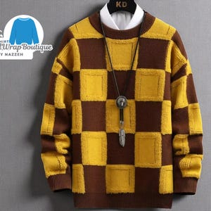 Men’s Winter Knitted Sweater | Plaid Casual Style | Thick Warm Pullover | Soft & Relaxed Layer  Look | Cozy Cold Weather Top