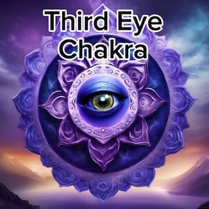 Puede incluir: Una ilustración digital de un diseño de Chakra del Tercer Ojo. La imagen presenta un ojo central dentro de un mandala circular azul y morado, rodeado de formas de pétalos. El texto "Third Eye Chakra" está en la parte superior.