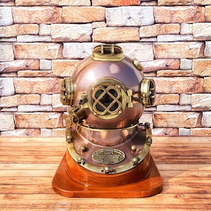 US Navy Diving Helmet - Deep Sea Scuba Diving Helmet - Mark V Diving Helmet with Wooden Base - Marine Diving Helmet - Home Décor