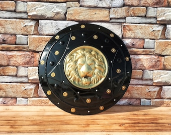 Medieval Lion Face Shield - Black Warrior Viking Shield - Shield for Reenactment - Battle worn Armour Round Shield 22" - Best For Gift