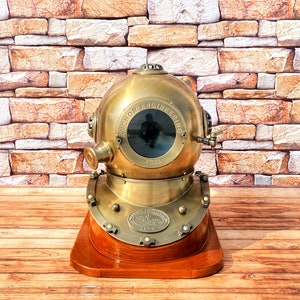 US Navy Diving Helmet - Anchor Engineering Diving Helmet - Deep Sea Scuba Diving Helmet - Scuba Diving Helmet with Wooden Base
