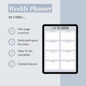 Könnte beinhalten: Ein digitaler Wochenplaner auf einem Tablet. Er umfasst eine einseitige Übersicht, Platz für Notizen, tägliche To-Do-Listen und ein undatiertes Layout. Der Text "Weekly Planner" befindet sich oben.