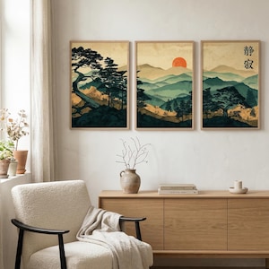 Triptyque Mural Japandi "Sérénité" | Set de 3 Affiches | Affiches style Japonais | Décoration Zen Minimaliste |