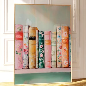 Pastel Book Stack Print: Whimsical Floral Bookshelf Art (Digital Download)