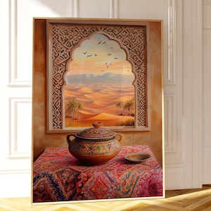 Puede incluir: Una pintura enmarcada que representa un paisaje desértico visto a través de un arco ornamentado. La pintura presenta una olla de terracota con tapa, un plato pequeño y una alfombra estampada.