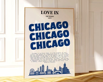 Vintage Chicago Skyline Art Print: 'Love in The Windy City' (Digital Download)
