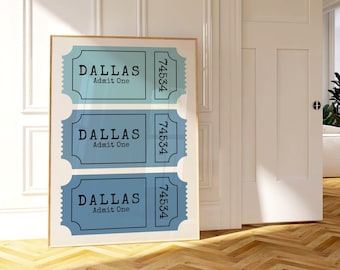 Dallas Wall Art, Retro Texas Home Decor, Trendy DAL Art Print, Admit One Wall Art, Trendy Dallas TX Illustration, Dallas Moving Gift Idea
