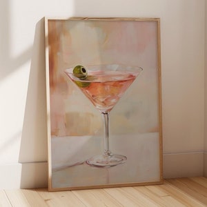 Roze martini print, retro bar kar muur kunst, cocktail art poster, martini print, drankje schilderij, pastel decor, cocktail olijven decor