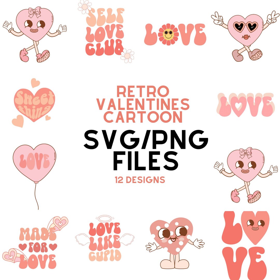 Retro Valentines Day SVG Bundle, 12 SVG & PNG Graphics Bundle, Cute ...