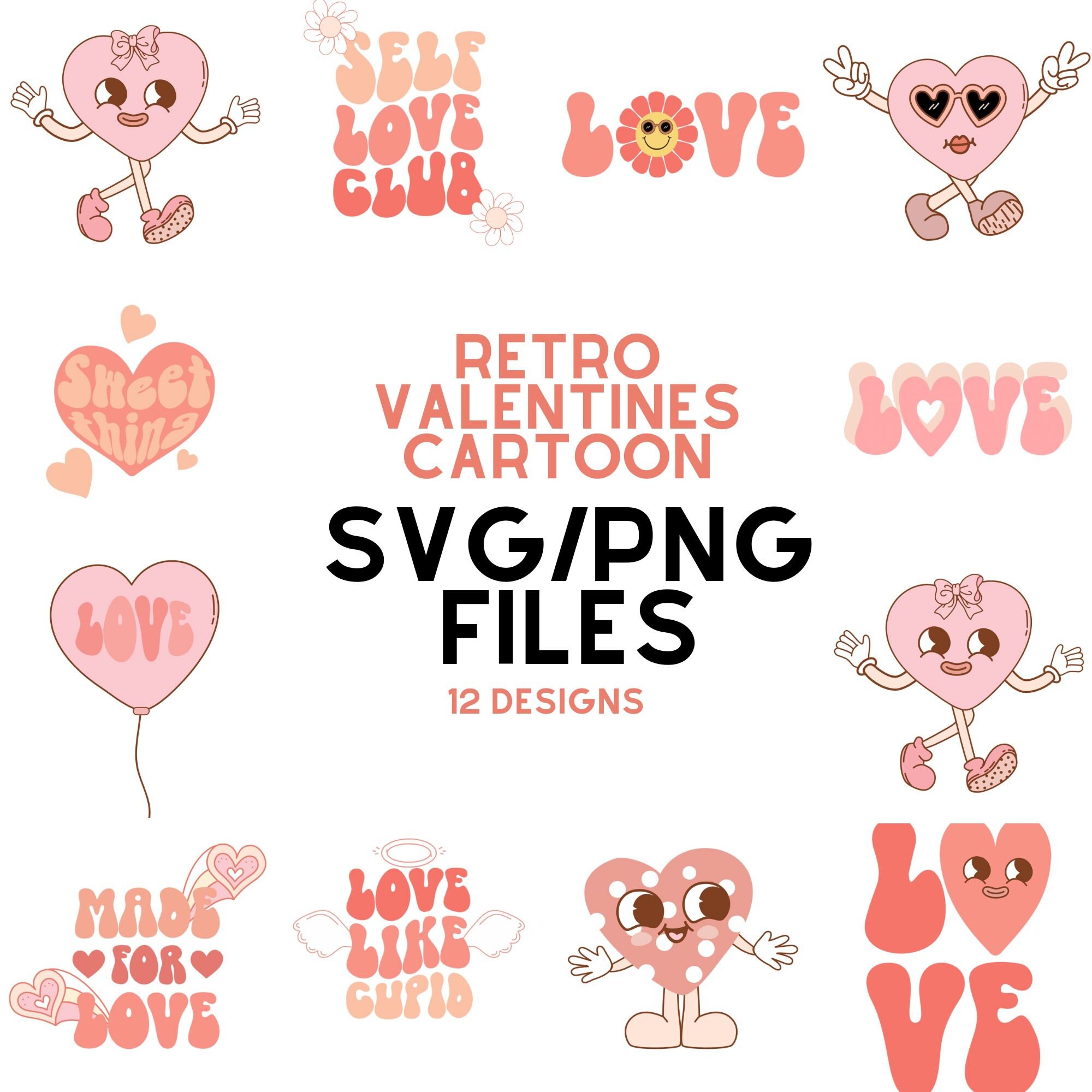 Retro Valentines Day SVG Bundle, 12 SVG & PNG Graphics Bundle, Cute ...