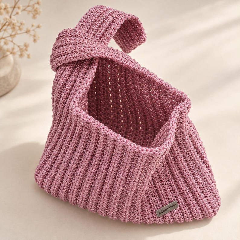 Pink Lurex Crochet Knot Bag: Metallic Wristlet Evening Purse image 7