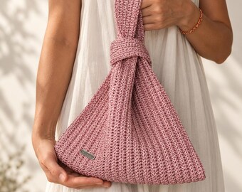 Pink Lurex Crochet Knot Bag: Metallic Wristlet Evening Purse