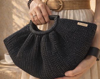 Bolso de concha de rafia, clutch de crochet negro: Monedero de concha bohemio