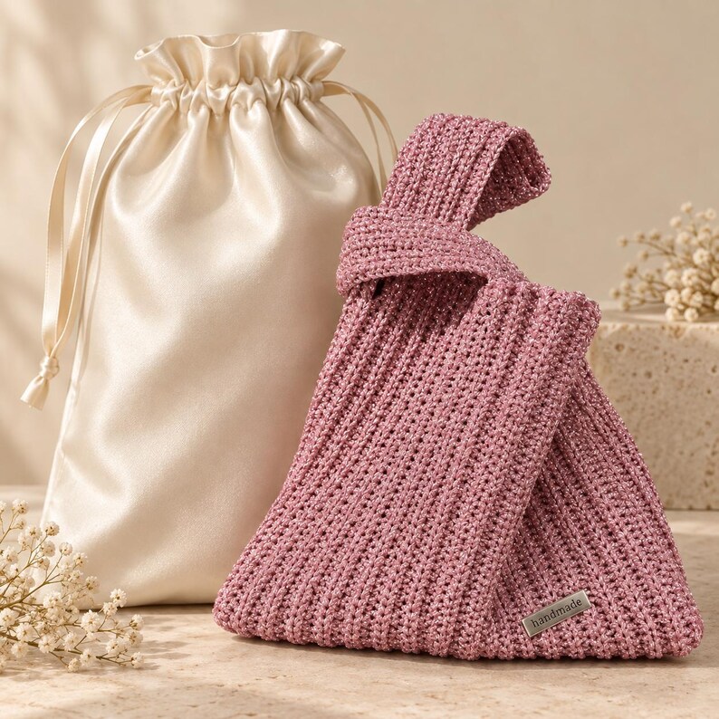 Pink Lurex Crochet Knot Bag: Metallic Wristlet Evening Purse image 10