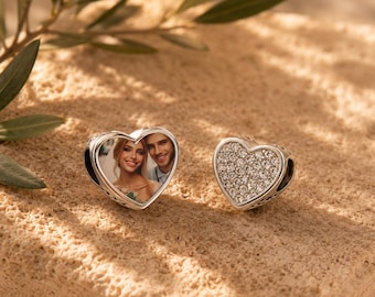 Charm de cristal con forma de corazón y foto personalizada: Regalo de joyería personalizada bañada en plata