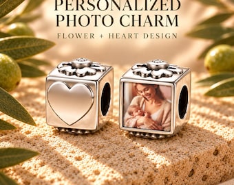 Personalized Photo Cube Charm: Silver-Plated Flower & Heart Bead with Crystal Detail