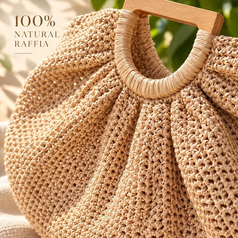Beige Raffia Crochet Shell Bag: Handmade Top Handle Purse with Wooden Handles image 4
