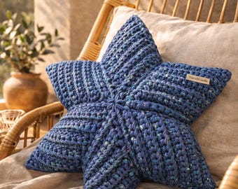 Cojín de estrella de crochet: cojín de punto azul, decoración infantil