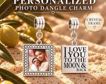 Personalized Square Photo Dangle Charm: Crystal Frame with Moon & Back Message for Bracelet