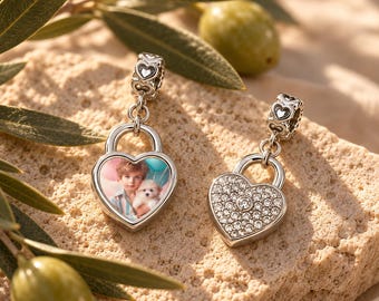 Charm de corazón de cristal con foto personalizada: recuerdo bañado en plata