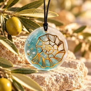 May include: A circular resin pendant hanging from a black cord, featuring a gold-coloured metal nautilus shell inlay set against a translucent background with teal glitter, small gold flakes, and tiny white spherical beads embedded inside.